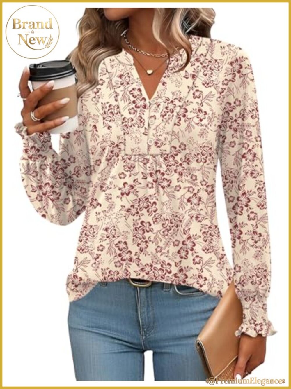 Women's Long Sleeve V-Neck Blouse with Pleating